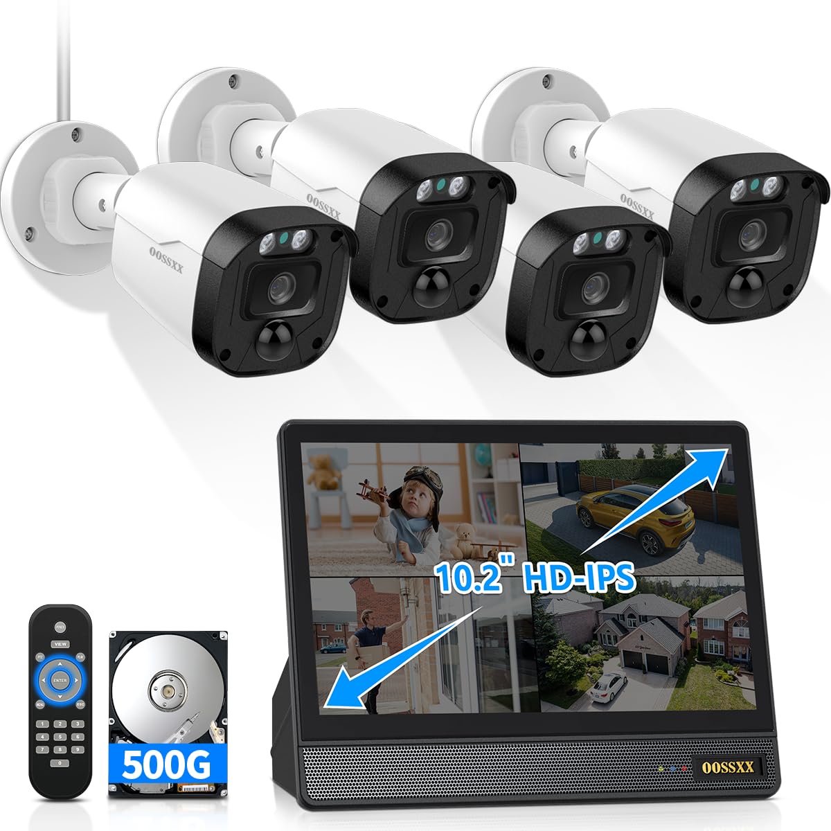 3K 5MP Wired CCTV Security Camera System with 122° Ultra Wide Angle, 4CH DVR with Monitor, 4X IP66 Indoor Outdoor Cameras, 65ft IR Night Vision, Free App, No Subscription Fee, Remote Access