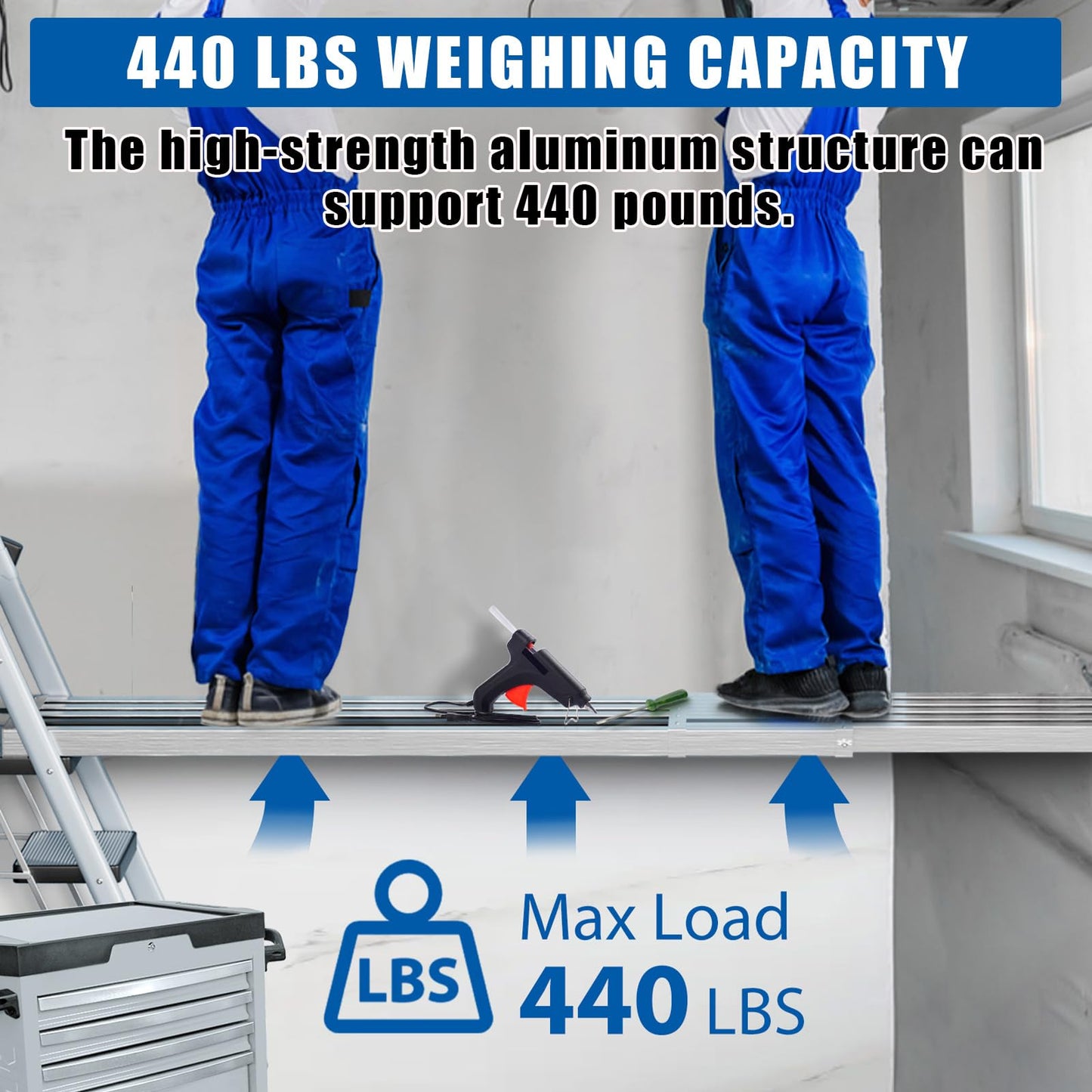8-13Ft Telescoping Work Plank, Aluminum Adjustable Scaffold Platform with Skid-Proof Surface, Ladder Accessory, 440 Lbs Capacity, Extension Plank for Safe Work