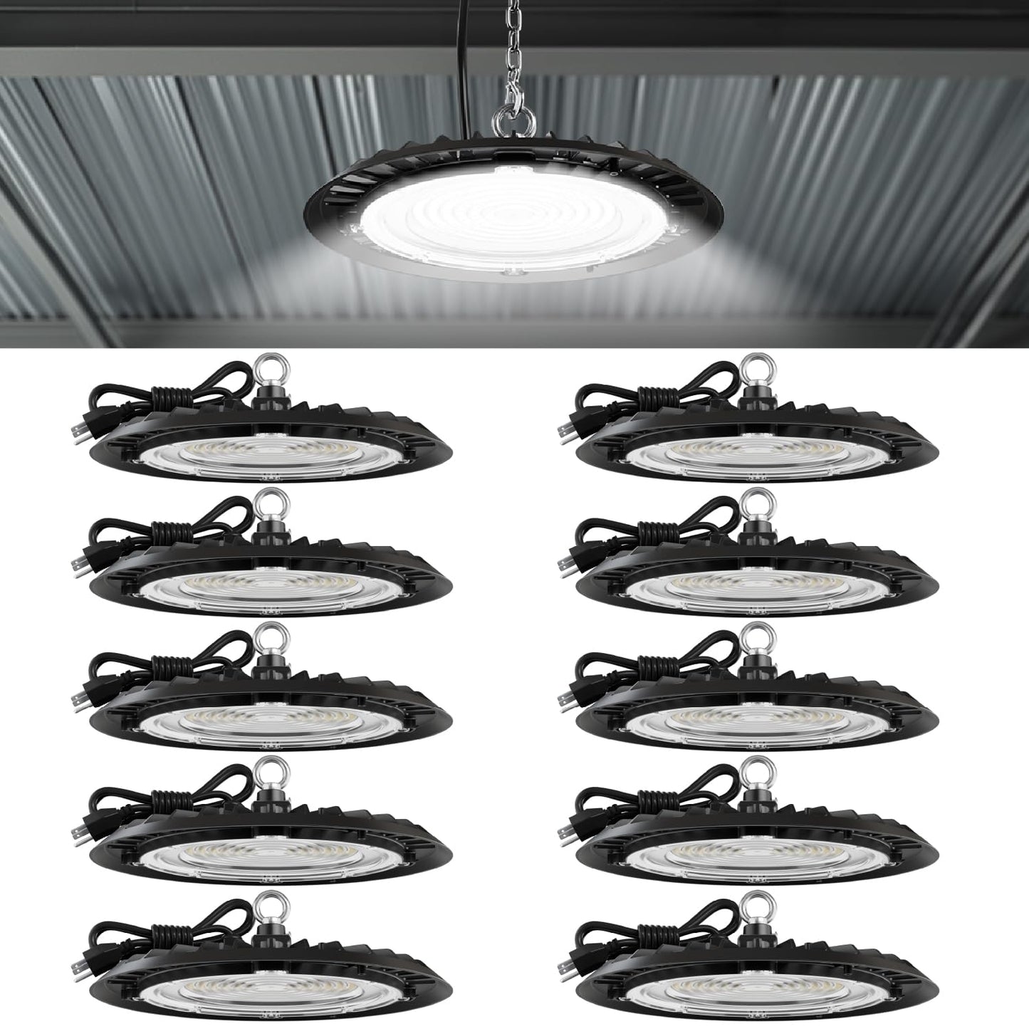 Sunco 10 Pack UFO LED High Bay Light, 150W, 19500 Lumens, 5000k Ultra Bright Commercial Shop Lights for Warehouse, Factory, Workshop, Garage & Barn, Ceiling Mount, Plug & Play, 120V, UL