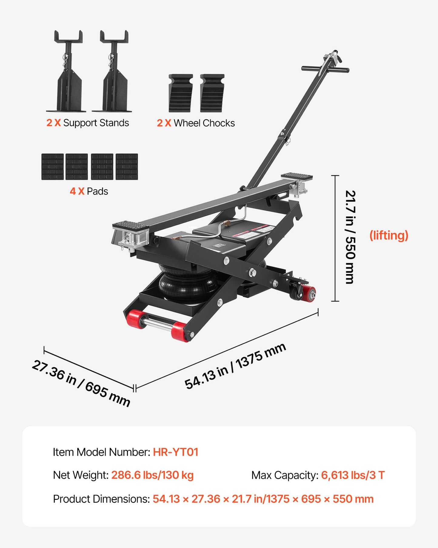 VEVOR Air Portable Car Lift, 6613 lbs/3 Ton Capacity, 21.7 inch Max Height, Adjustable Portable Air Car Lift with Airbag, Support Stands, Wheel Chocks, Rubber Pads, Heavy-Duty for Sedan SUV Pickup