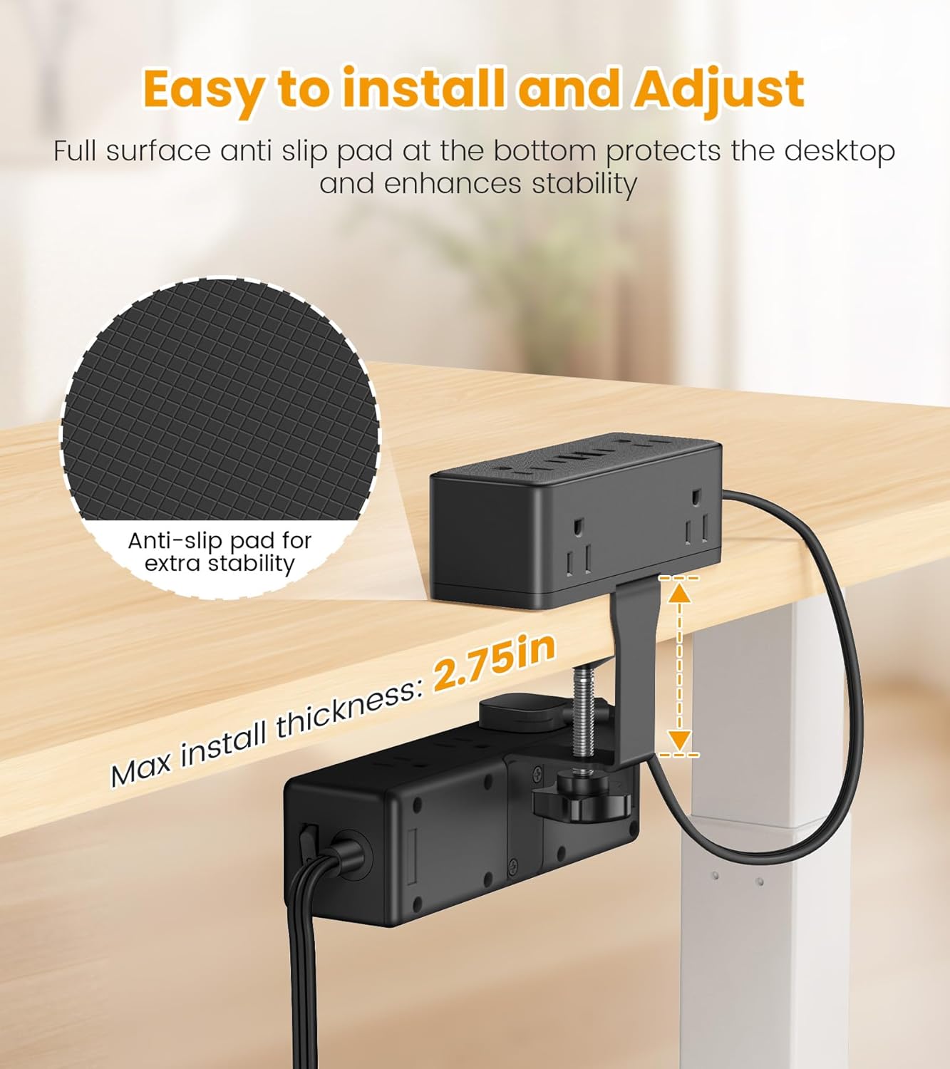 VILONG 4 Ports(20W 15 5FT Dual Layer Desk Clamp Power Strip with USB USB-C) & AC Outlets, Desktop Edge Mount Surge