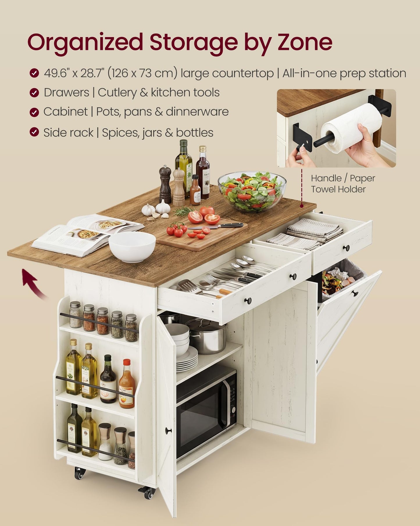 VASAGLE Mobile Kitchen Island with Trash Can Storage, Drop Leaf, Portable Island with Spice Rack, Mobile Cart with Storage Cabinet, for Dining Room, Rustic White and Honey Brown UKKI014WJ01S