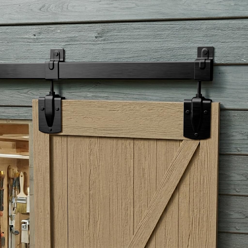 JUBEST 8FT Box Rail Exterior Barn Door Hardware Kit, Heavy-Duty Black Sliding Barn Door Track System, Wall Mount Door Hardware Kits (Door Not Included)