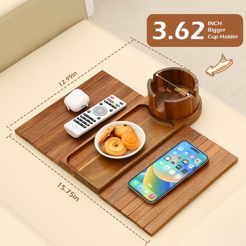 BAMTRAY Couch Cup Holder Tray, 15.75" Acacia Wood Couch Armrest Table, 3 in 1 Foldable Sofa Clip on Side Table with 360° Phone Stand, Armrest Tray for Coffee Snacks
