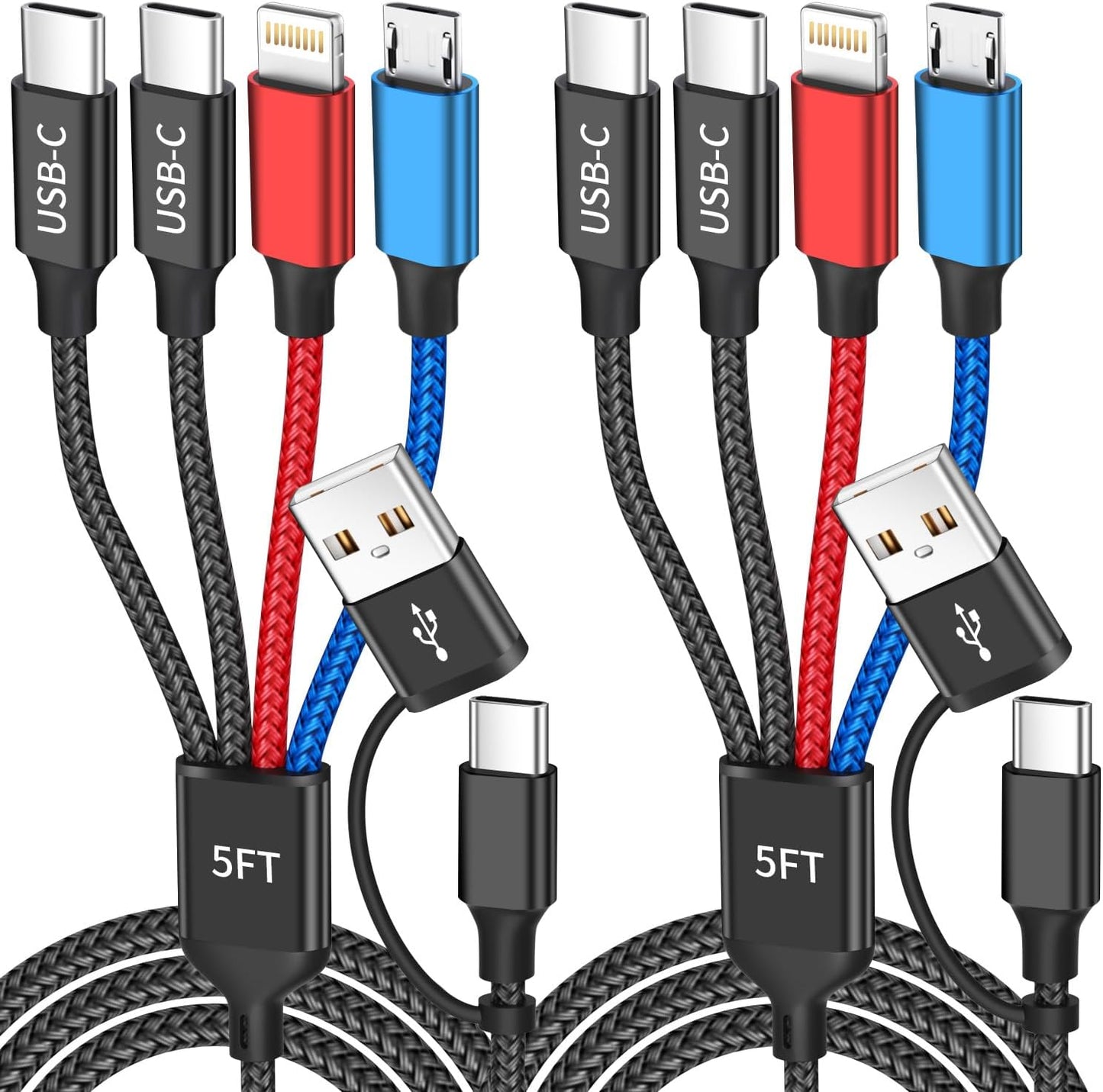 4 2 iPhone17-12/Androids/Pad Charger(2Pcs, 5FT) Dual Type-C Ports in Multi Charging Cable, Travel Cruise Essentials