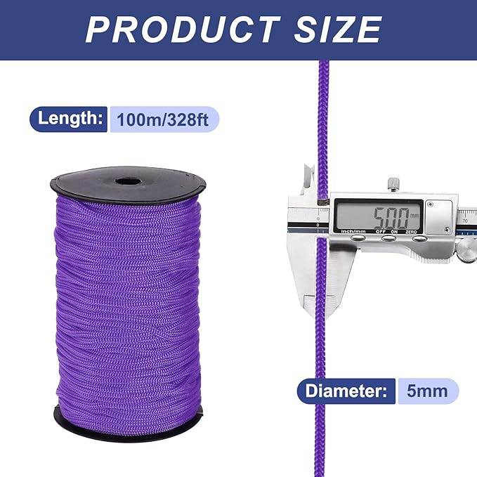 MECCANIXITY 3/16 Inch Polypropylene Rope Braided Ropes, 328ft Nylon Rope Hollow Utility Cord for Clothesline, Camping, Hiking, Outdoor, Dark Purple