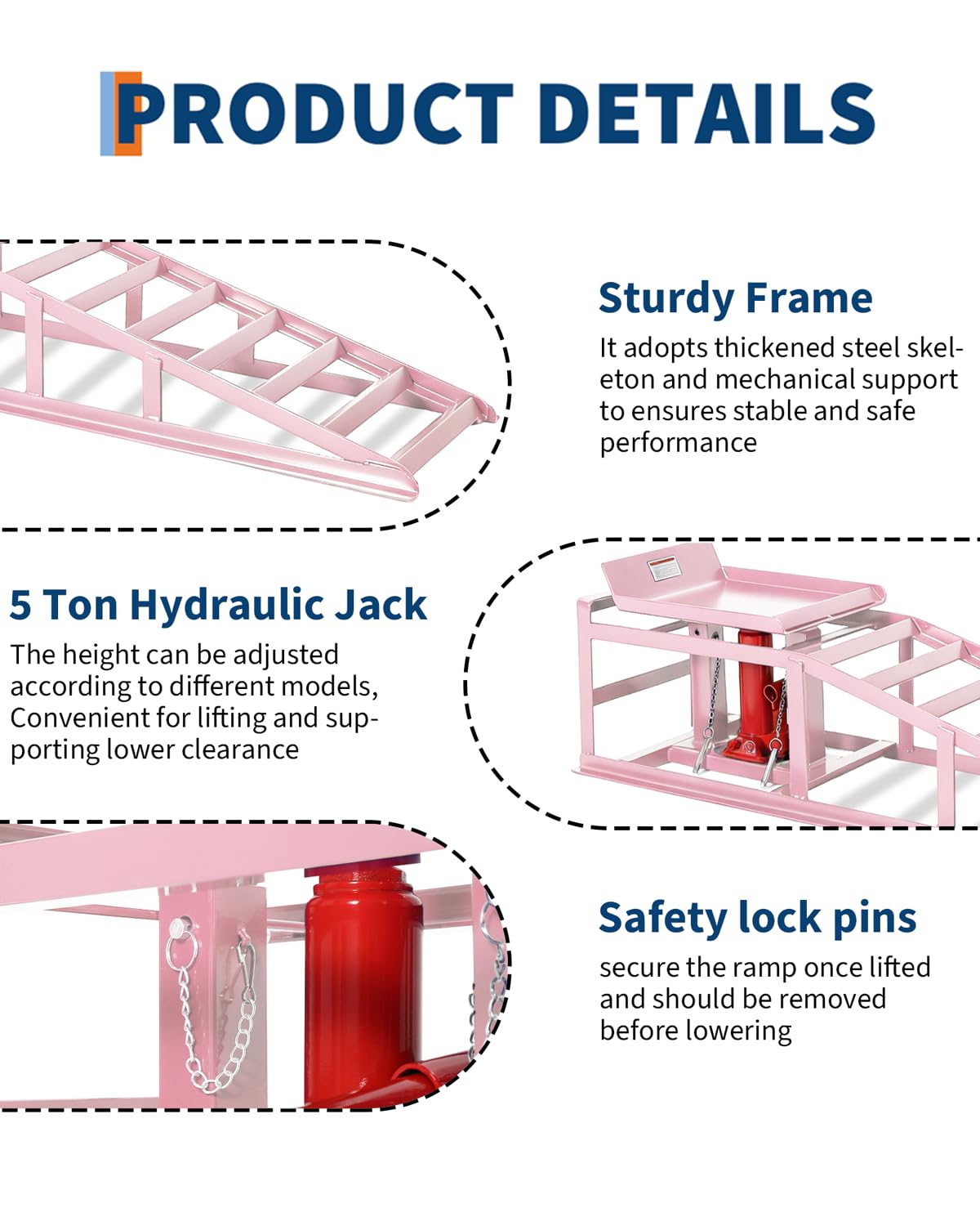 Hydraulic Car Ramps 2 Pack, 11000 LBS/5T Heavy Duty Steel Auto Service Ramps, Repair & Maintenance, 9.4"-13.34" High Lift for Truck, Vehicle, SUV, Garage, Oil Changes, Pink