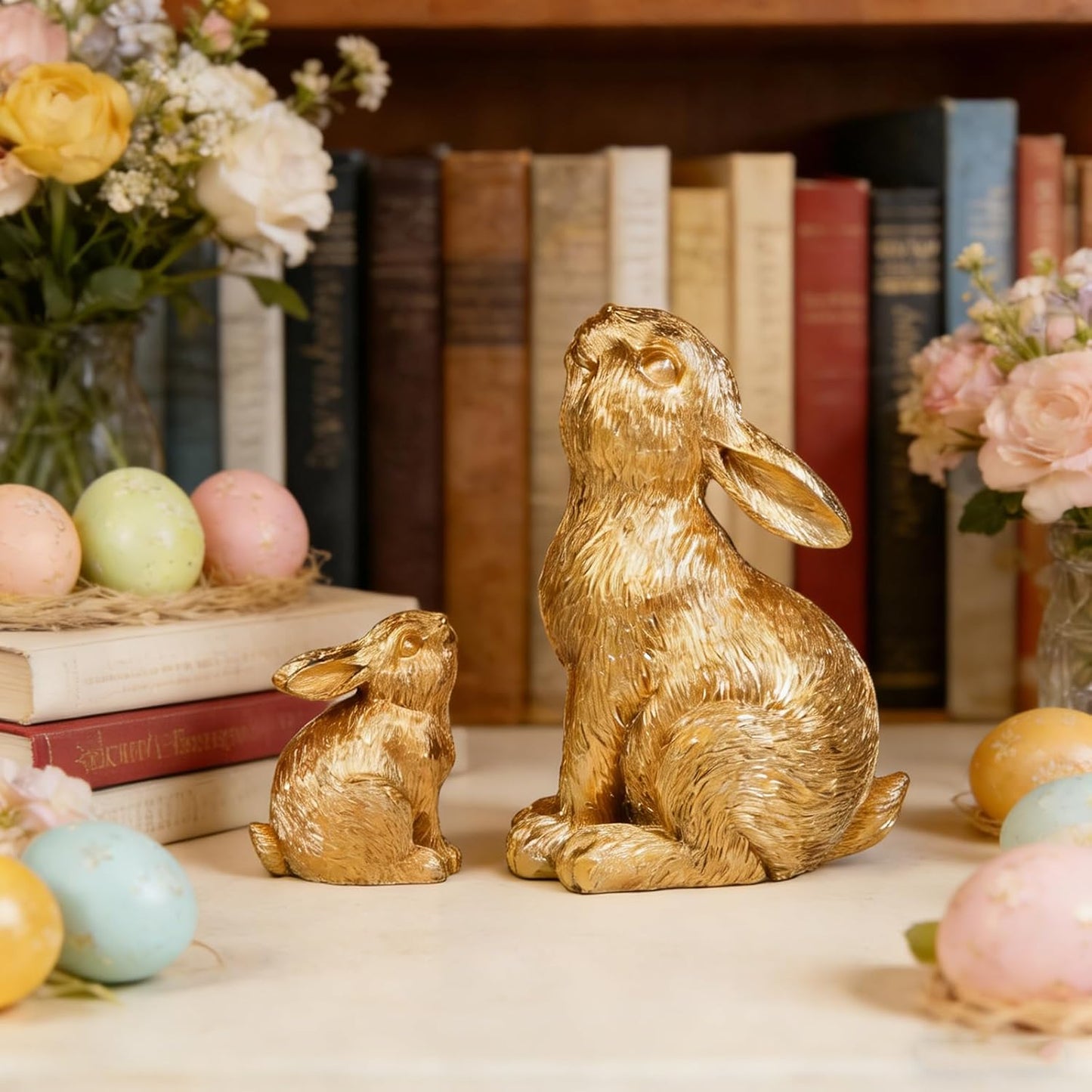 Regine Switzerland Easter Rabbit Resin Statues - Charming Outdoor Patio Decor | 2-Piece Set in Gold