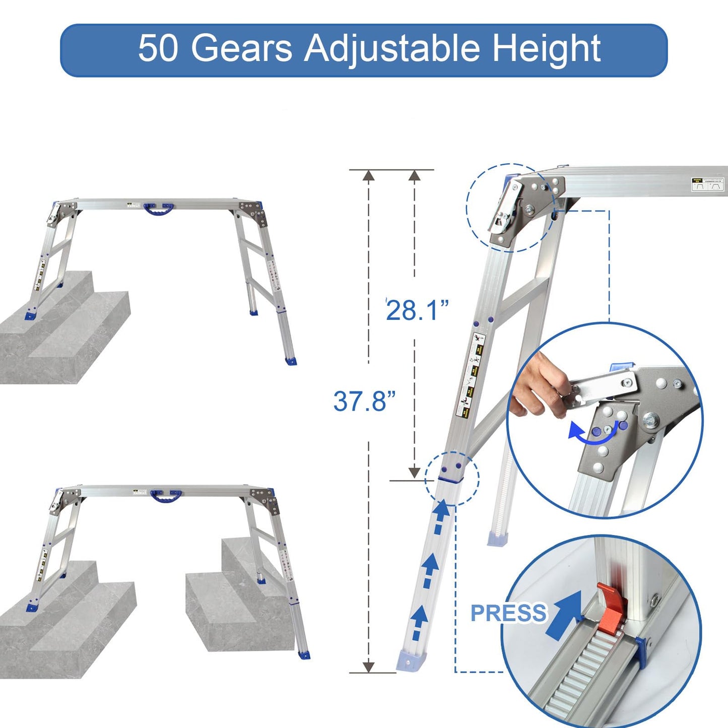 LEADALLWAY Adjustable Work Platform (47"x20") Ultra-Wide Portable Folding Aluminum Work Platform 330 Lbs Capacity 50 Gear Adjustable Height 27.5 to 37 inches