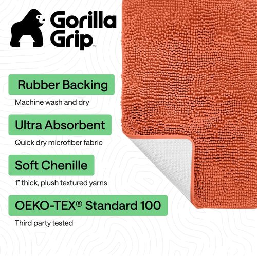 GORILLA GRIP Bath Rug Mat - Thick Soft Absorbent Chenille | Quick-Dry Microfiber 36x24 Coral