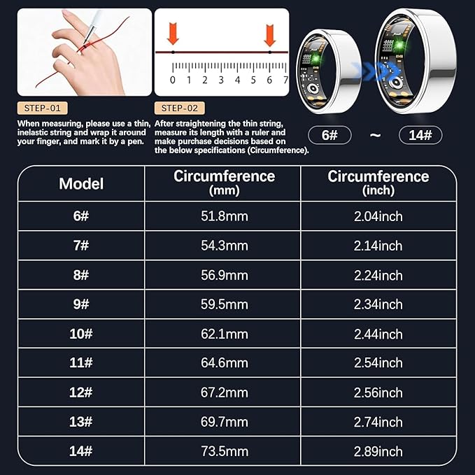 Ring Health Tracker for Women Men, Fit Ring with Heart Rate, Blood Oxygen, Sleep Monitor, Calories, Step Counter, IP68 Waterproof Smart Ring for iPhone & Android, No Subscription Fee (Silver, 11#)