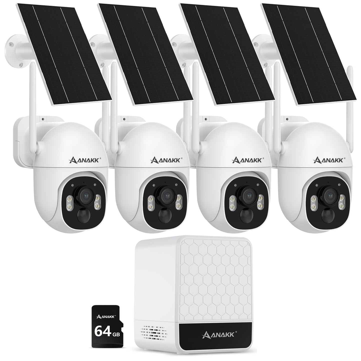 Anakk 4MP Solar Security Cameras Wireless Outdoor, 355° Pan Tilt Motion Detection,Color Night Vision, 5GHz/2.4GHz WiFi, IP65, 4-Cam Kit with 64GB Local Storage, No Monthly Fee Camera for Home Security