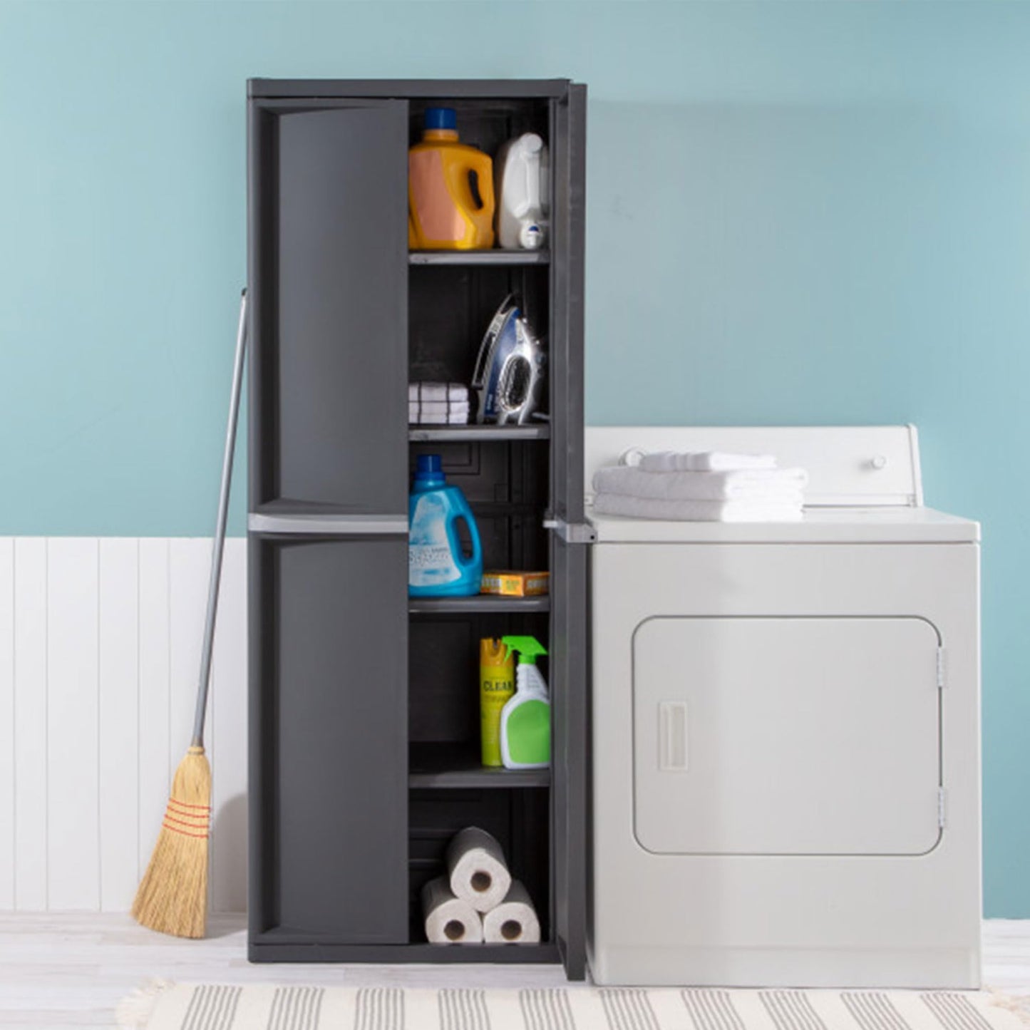 Sterilite 4 Shelf Cabinet, Lockable Utility Storage w/ Adjustable Shelves, Gray - Plastic Shelving Unit for Organizing Garage, Pantry, Basement, Laundry Room or Mudroom