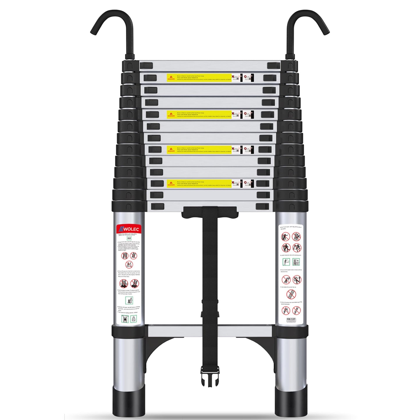 Wolec 16.5 ft Aluminum Telescoping Ladder, 330 lb Load, Hooks, Portable Collapsible Ladder for Home & Work,Silver