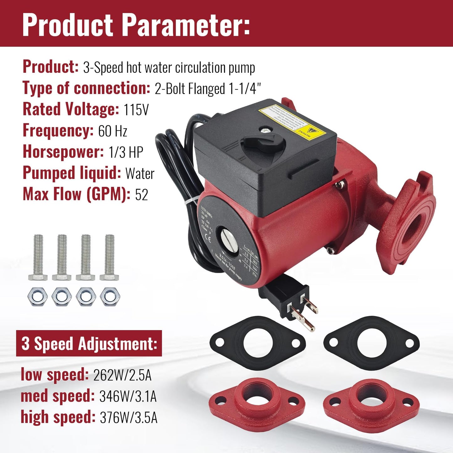 Hot Water Circulator Pump 115V 3-Speed Circulation Pump Cast Iron Recirculating Pump 1/3 HP Compatible with Grundfos UPS26-150F 95906630 for Various Closed-loop Systems