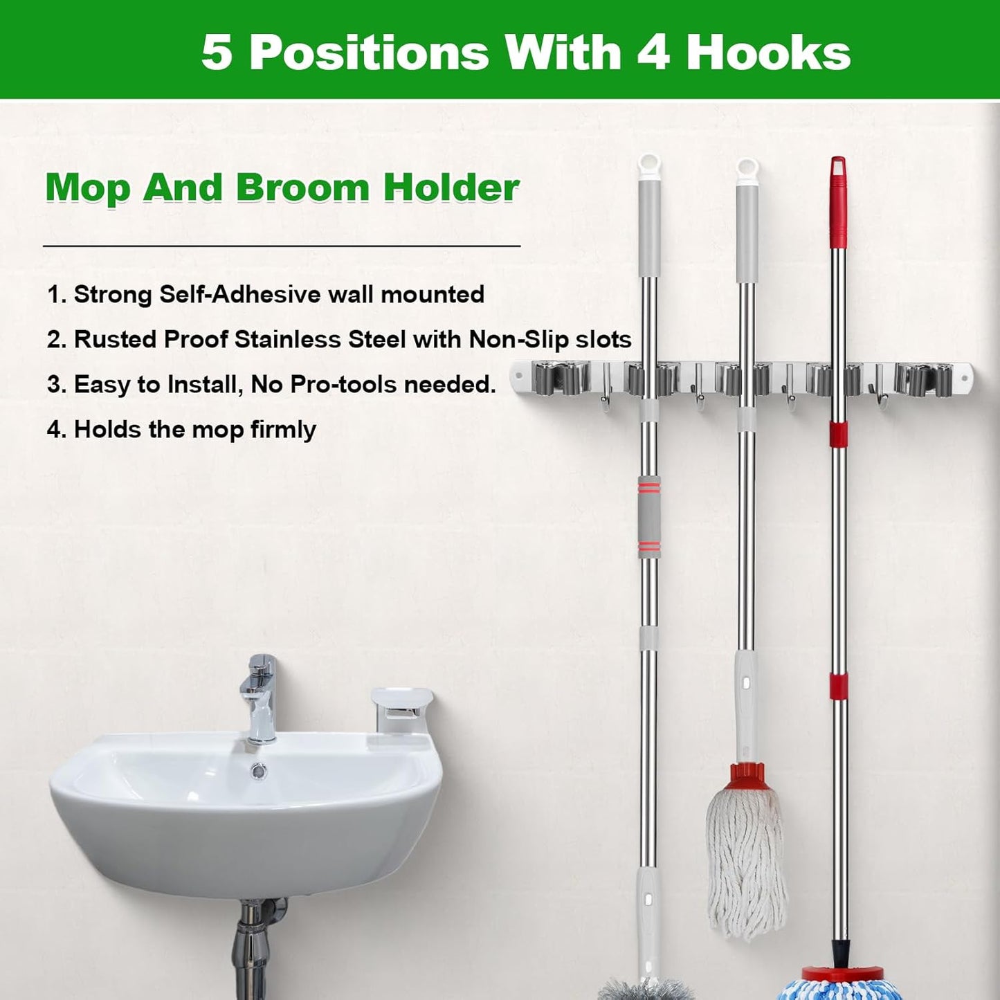Voze Mop and Broom Holder - 5 Racks & 4 Hooks, Heavy-Duty Wall Mount Organizer for Home & Garage