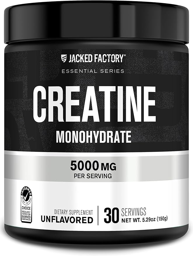 Jacked Factory Creatine Monohydrate Powder 150g - 5g Daily Creatine Supplement for Men and Women, Vegan-Friendly, Third-Party Tested - 30 Servings, Unflavored