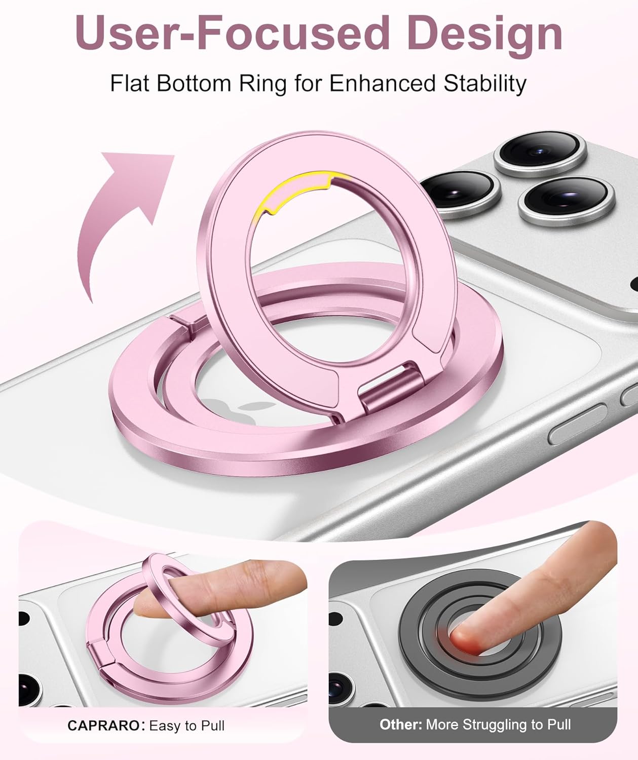 CAPRARO 360 17/16/15/14/16 Magnetic Phone Ring Holder for MagSafe, Dual-Side Magnetics, Rotation Gym Phone Stand Grip