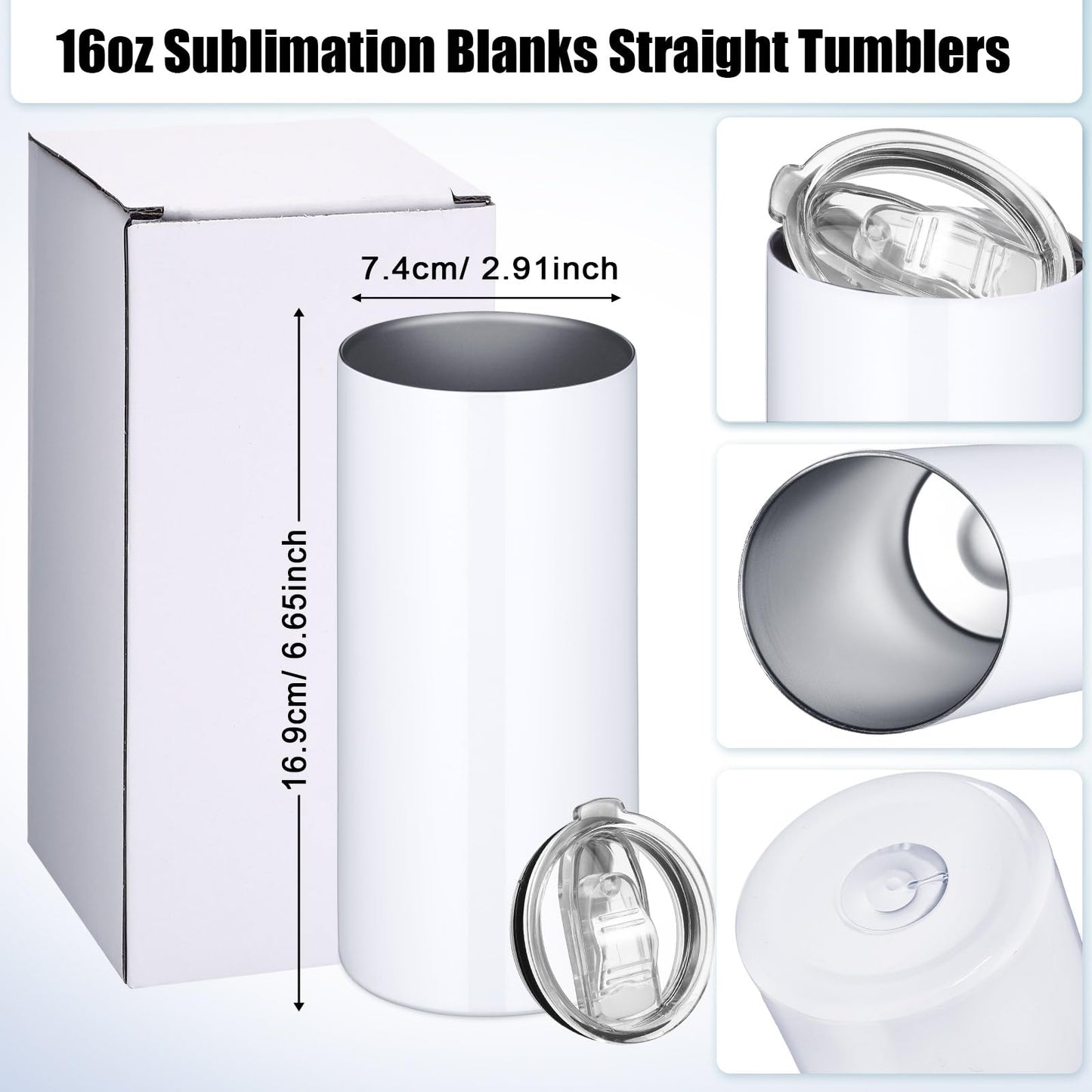 Potchen 30 Pack 16 Oz Sublimation Tumblers Bulk Blanks Straight Skinny Tumblers with Lids Sublimation Cups Stainless Steel Double Wall Vacuum Insulated Mugs DIY Gift Heat Press Machine