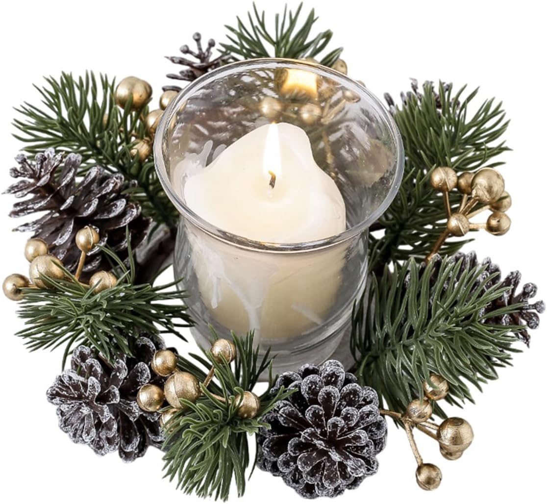 Regine Switzerland Christmas Candle Rings - Elegant Gold Berries & Pinecones | 2-Piece Winter Decor Set
