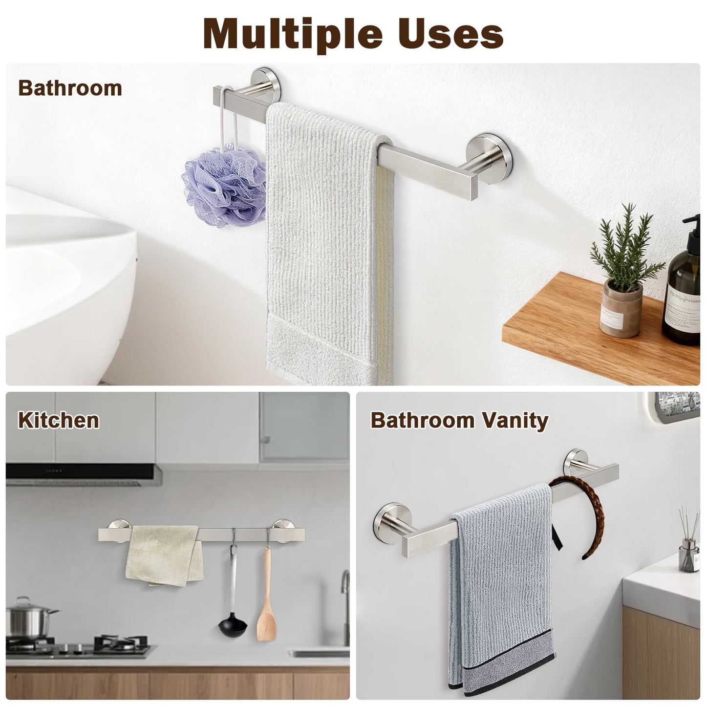 Siyzda Bath Towel Bar, SUS 304 Stainless Steel Towel Rack Holder Wall Mounted, Modern Shower Rod for Bathroom Kitchen Home Decor, 16 Inch (Brushed Nickel)