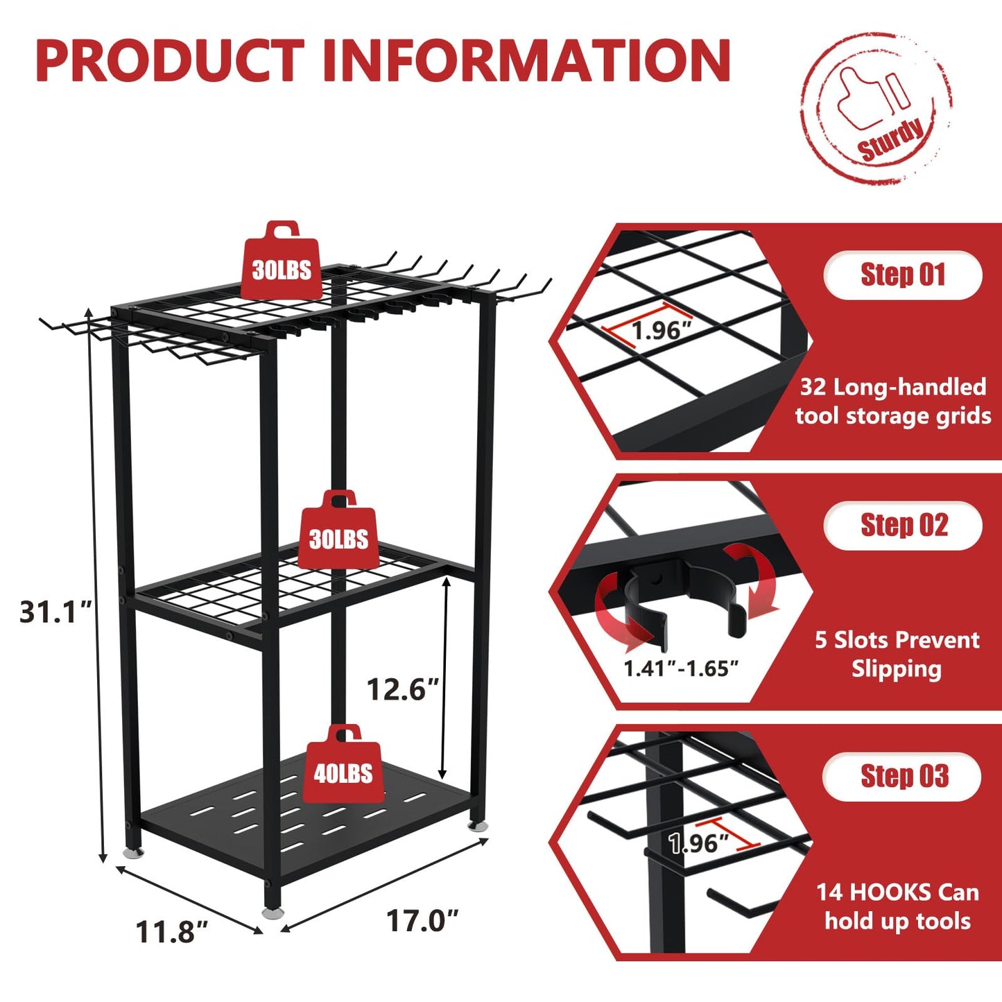 Faesun Garden Tool Organizer, 3-Tier Metal Yard Tool Rack with 14 Hooks & 5 Slots, Holds 50+ Rakes/Shovels/Brooms, Heavy Duty Freestanding Lawn Tool Storage for Garage Shed Outdoor Organization