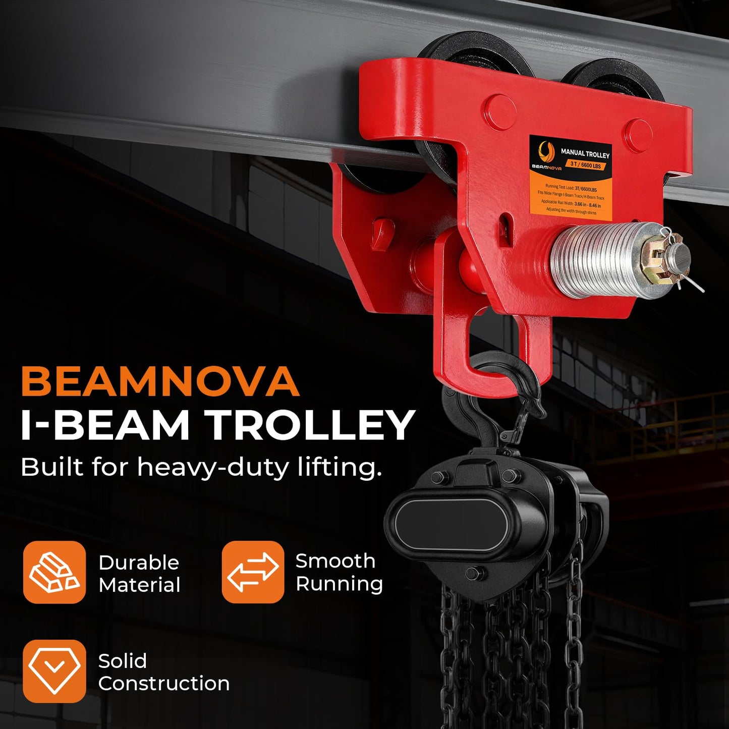 BEAMNOVA I Beam Trolley 3 Ton Manual Adjustable for I-Beam Flange Width 3.66" to 8.46", Overhead Push Beam Trolley Heavy Duty Dual Side Wheels, for Garage Hoist for Straight Curved I Beam
