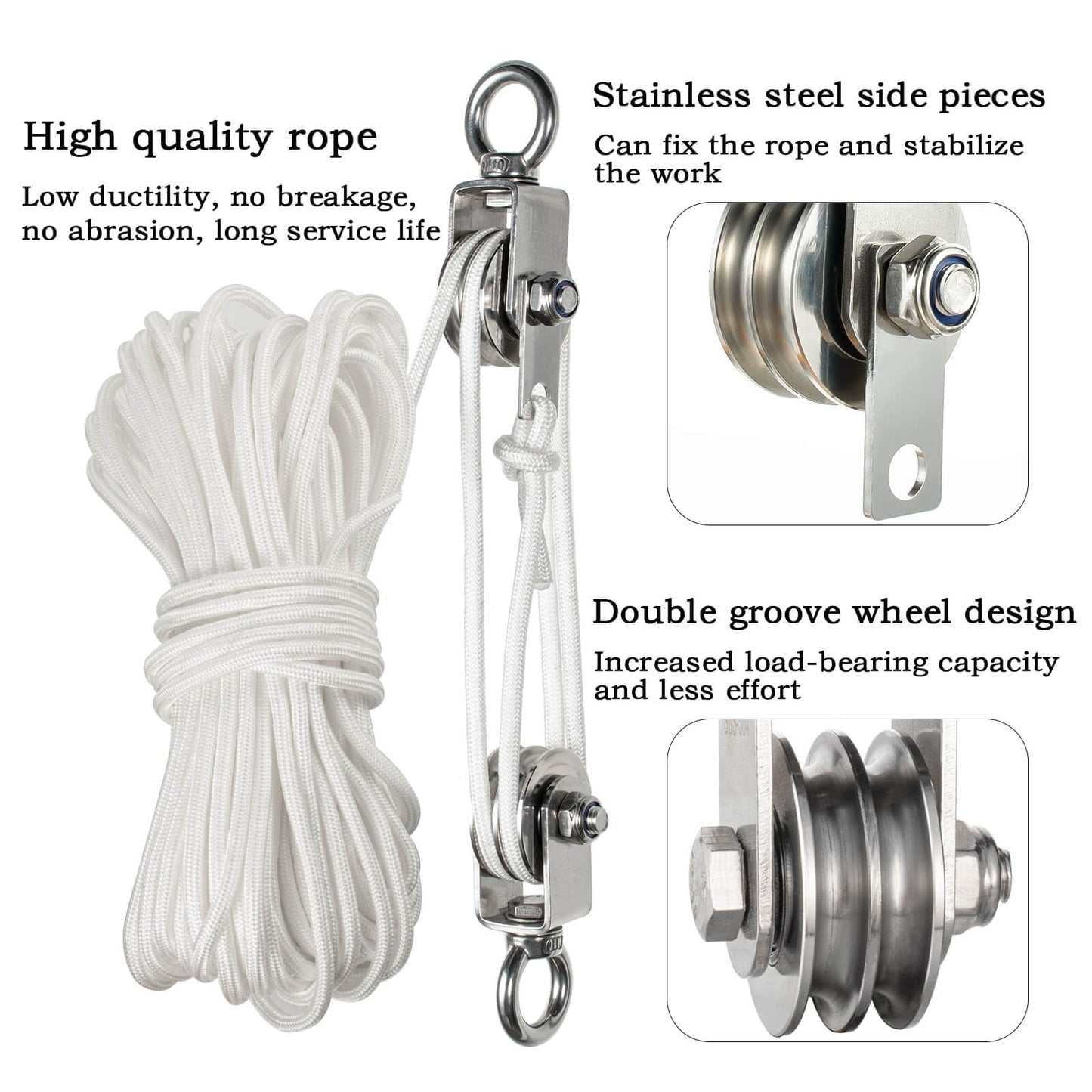 Hoist Pulley System Heavy Duty Stainless Steel, Snatch Swivel Block Double Pulley with 25m/8mm Rope, Bearing Inside, for Lifting, Kayak, Garage, Winch, Hunting, Loading 1100lb