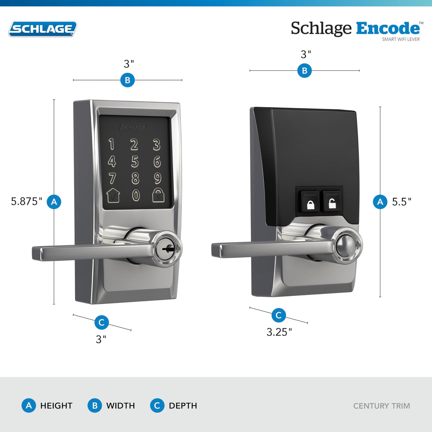 Schlage Encode Smart Wi-Fi Lock with Lever Handle, Touchscreen Keypad, Keyless Entry Door Lock, App Control, Alexa, Google Home and Airbnb Compatible, Bright Chrome, FE789WB CEN 625 LAT