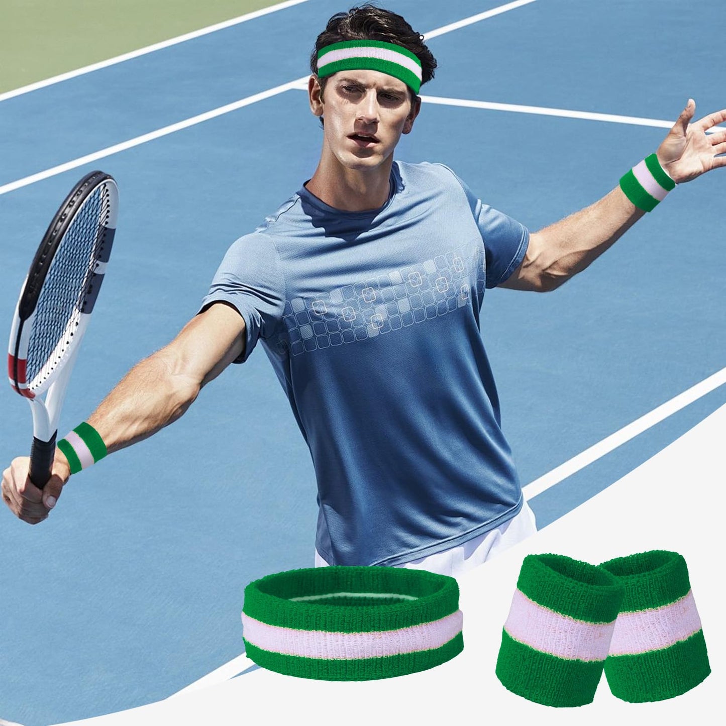 36 Pcs Wrist Sweatband Set Sports Headband Wristband Set for Men Women Party Sports Cotton Headbands Athletic Sweat Bands for Tennis Football Gym Workingout Accessories (Green White)