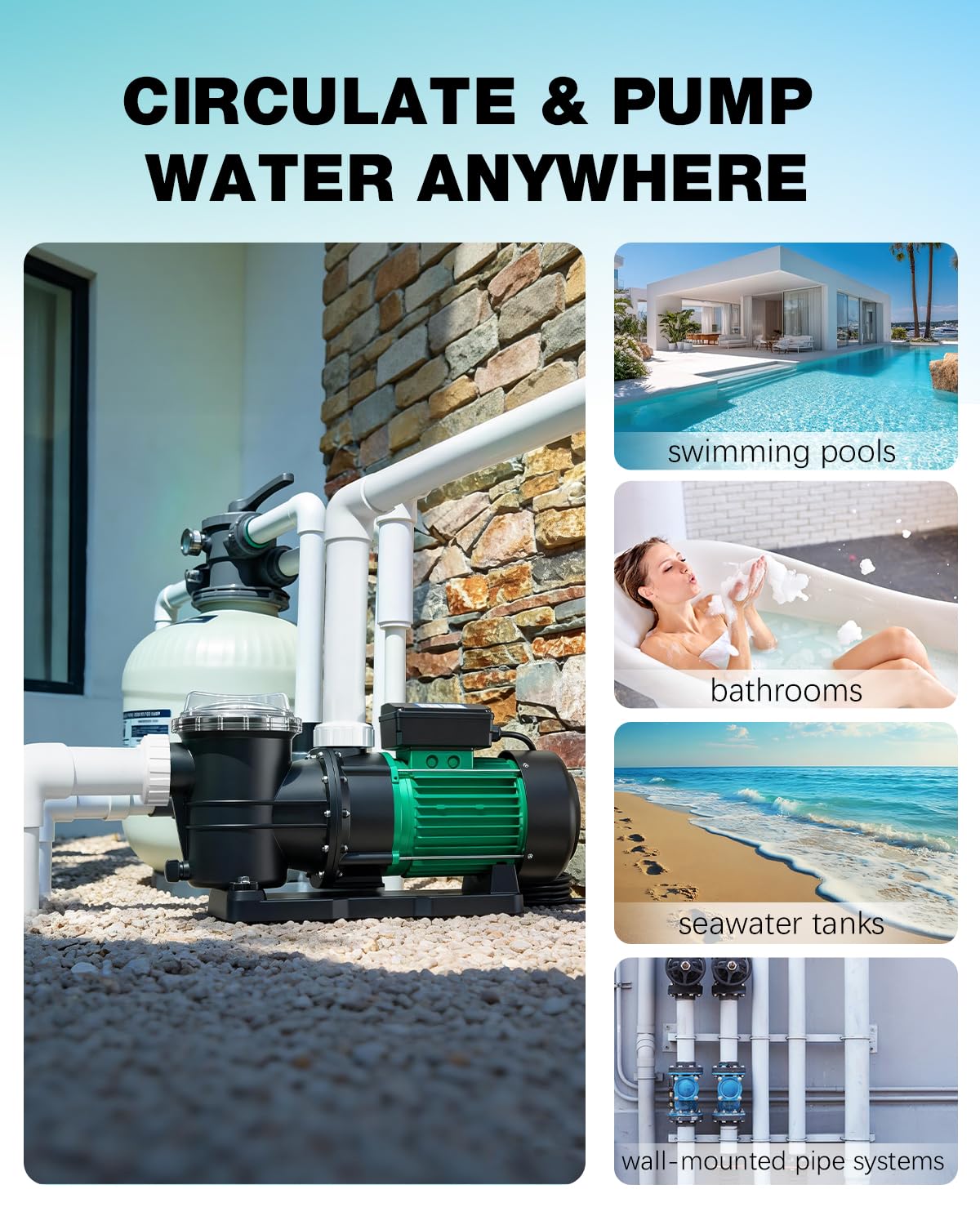 MENIIO 2 HP Swimming Pool Pump, 6980 GPH High Flow, 39.3 FT Max Head, 110V/60Hz IPX68 Waterproof, Inground & Above Ground Pool Water Circulation Pump