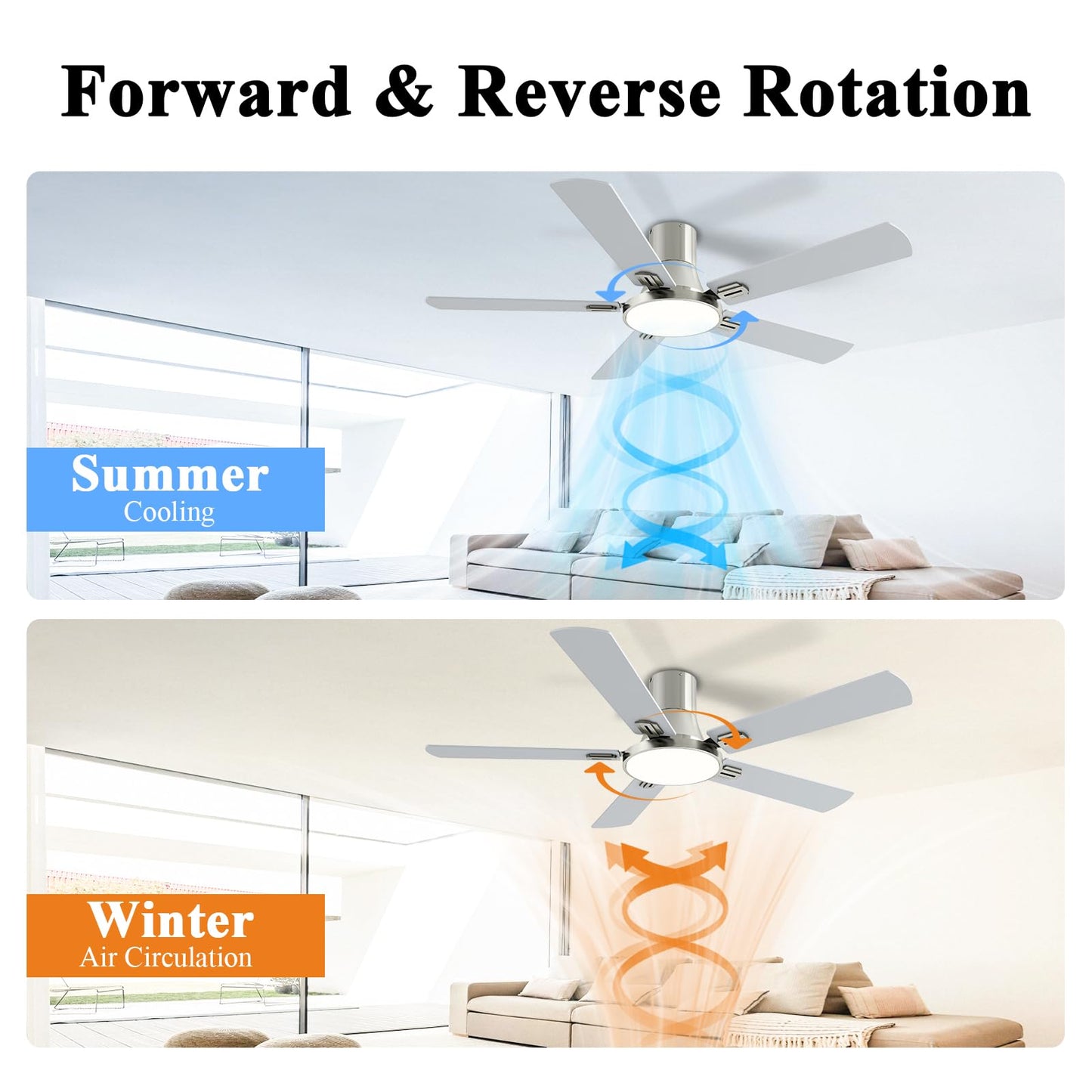 SNJ 52 Inch Brushed Nickel Ceiling Fans with Lights and Remote,Flush Mount Low Profile 5 Blades Ceiling Fan,Dimmable Quiet Reversible DC Motor for,Living Room,Bedroom and Patio