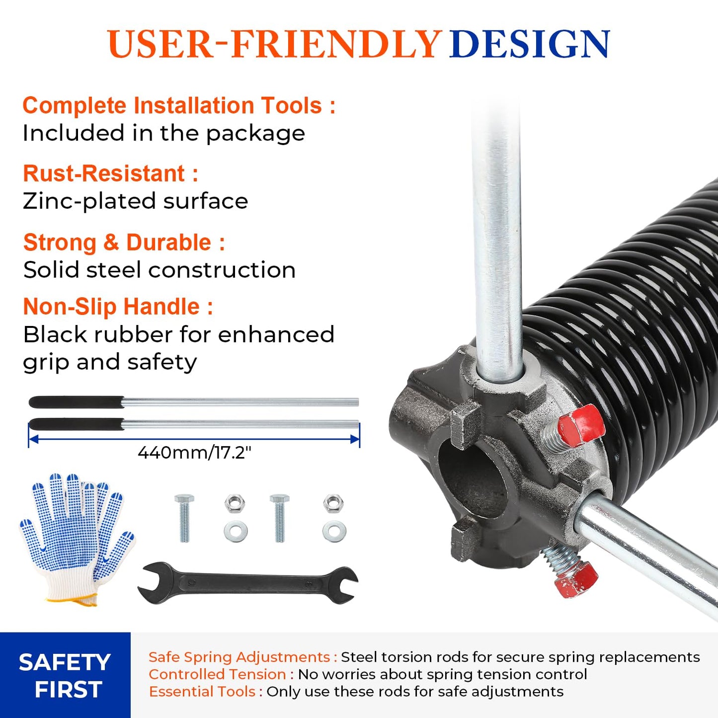 POWLAB Pair of 2" Garage Door Torsion Springs (0.250'' X 2‘’ X 32‘’) with Non-Slip Winding Bars & Gloves, Heavy-Duty Replacement, 18,000 Cycles, High Precision Electrophoresis Black Coated