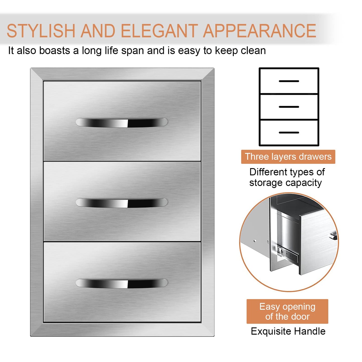 KODOM Outdoor Kitchen Drawers 14'' W x 21'' H x 21'' D, Flush Mount Triple Access BBQ Drawers for Outdoor Kitchens or BBQ Island Patio Grill Station, Silver