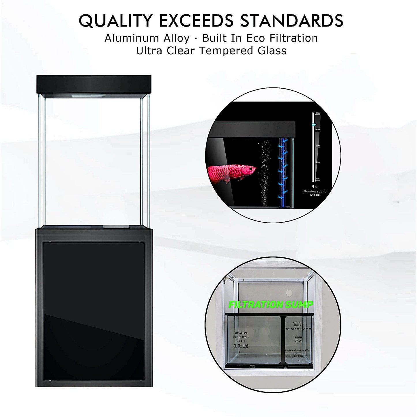 JAJALE 40 Gallon Glass Aquarium with Aluminum Cabinet - Including Sump for Filtration and Circulation, Plumbing, LED, Black