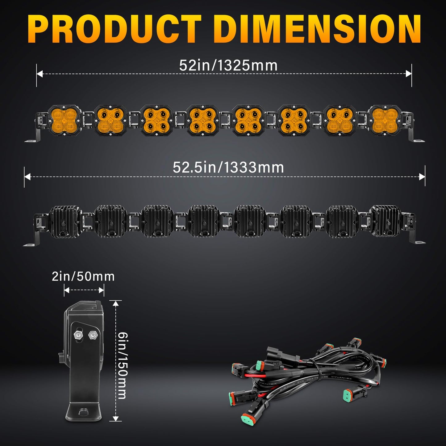 Willpower 52 inch 240W Amber Straight Curved Adjustable & Linkable LED Light Bar with Wiring, Spot Flood Beam Off Road 4X4 Driving Fog Lights for 12V 24V Vehicle 8WD Car UTV SUV Truck Tractor Trailer