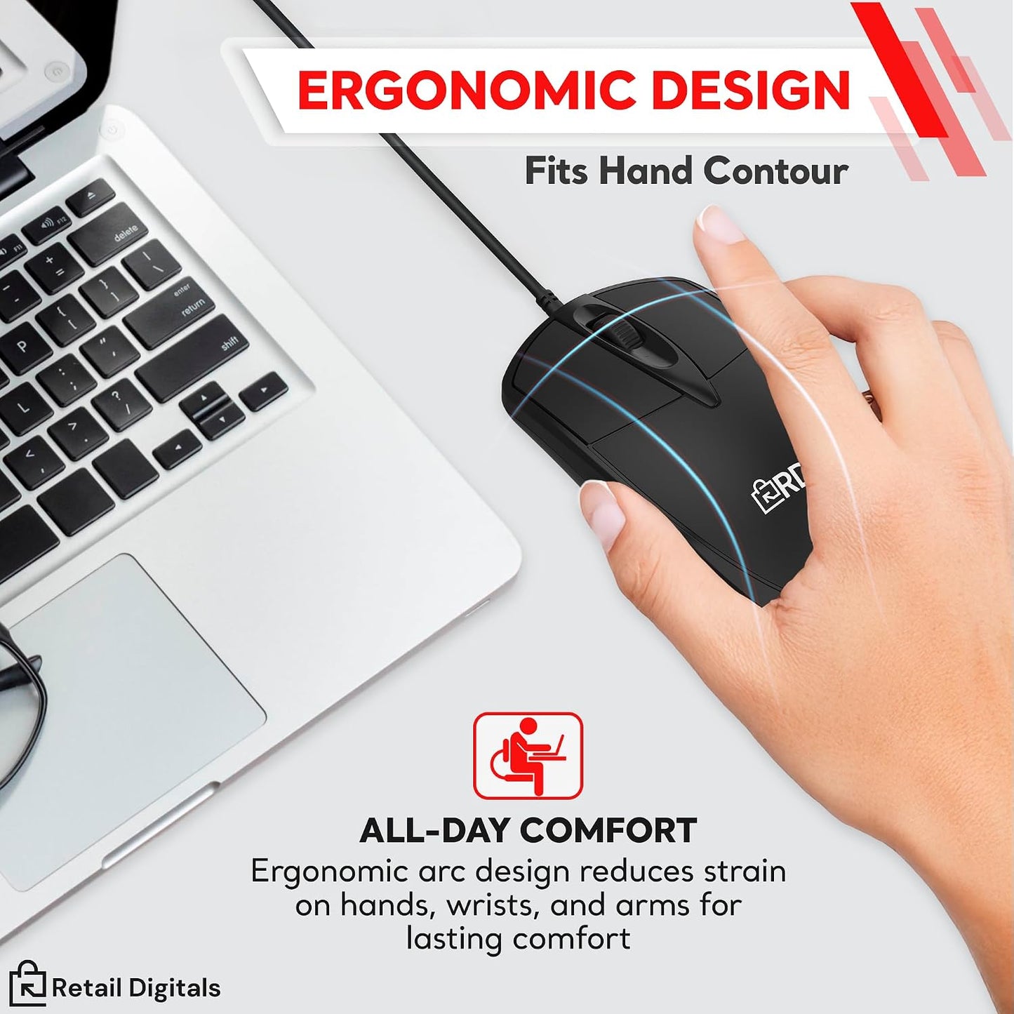 Retail Digitals 3-Button USB Wired Mouse | High-Precision Optical Tracking | Durable for Desktop & Laptop | Black