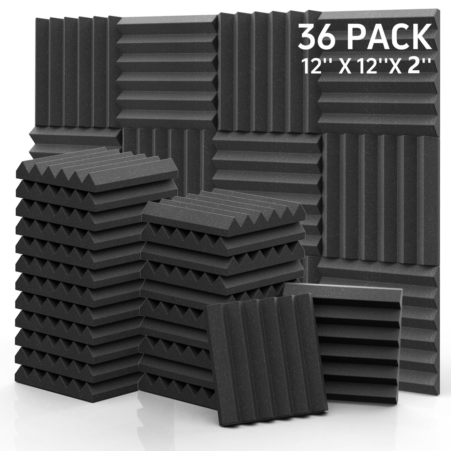 GUERRI Sound Proof Foam Panels - 12 x 12 x 2 Inches 36 Pack Wedges Acoustic Foam Panels Sound Proofing Padding for Walls and Ceiling High Density Foam Studio Foam (Black)