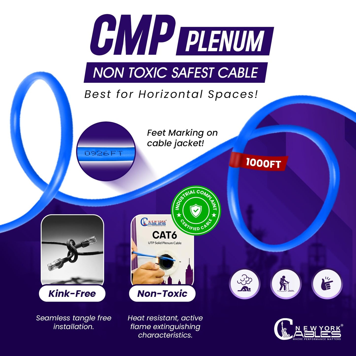 Newyork Cables | CAT6 Plenum Cable 1000ft | 23AWG, UTP 4Pairs, 550MHz 10Gbps Most Certified (CMP) Rated | Fire-Retardant Jacket | Bulk Cat 6 Ethernet Cable for Networking (Solid Conductor, Blue)