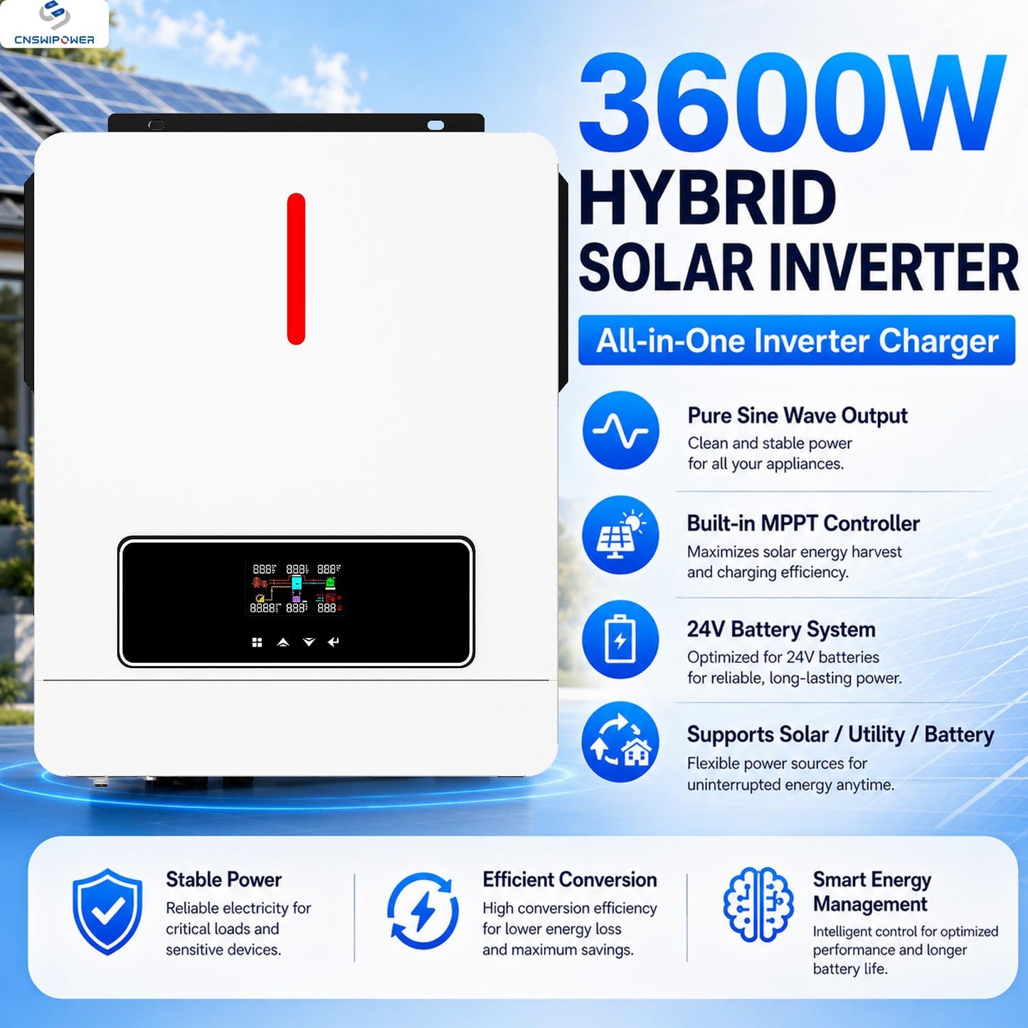 SWIPOWER 3600W Hybrid Solar Inverter - 24V DC to 110V AC Pure Sine Wave, Built-in 120A MPPT Controller, Dustproof & Easy Installation for Home Backup, RV, Off-Grid Use