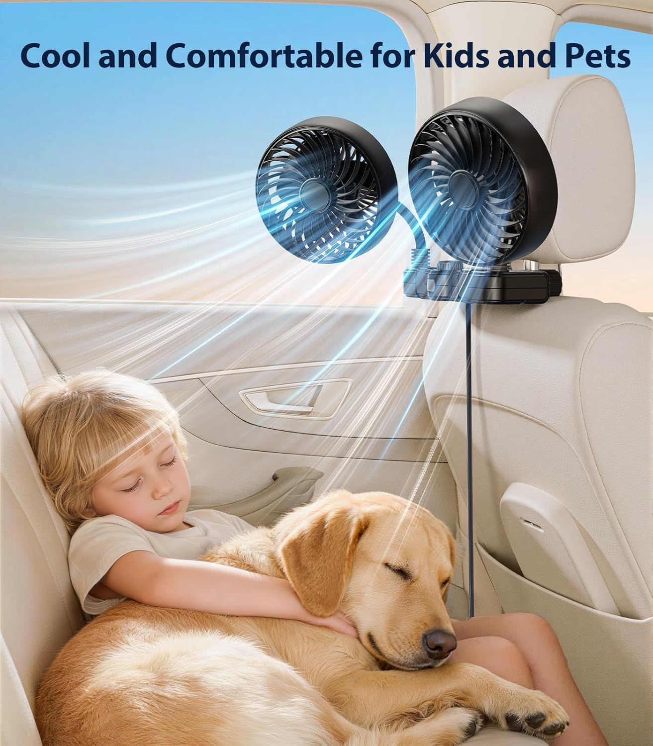 360 2 Dual Hose USB Fan for Car SUV RV Pickup Vehicle Headrest, Car Seat Fan for Baby Kids Rear Facing - Quiet Stepless