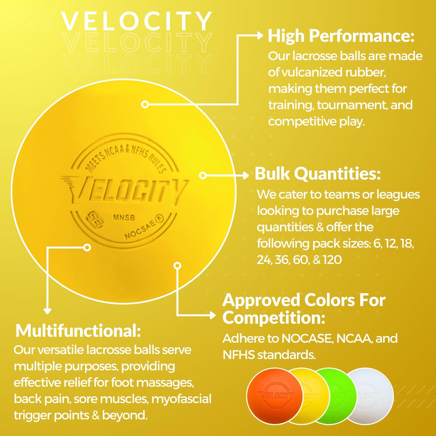 Velocity Practice Lacrosse Balls - 1, 2, 3, 6, 12, 18, 24, 36, 60 and 120 Packs - Official Size and Weight - Yellow