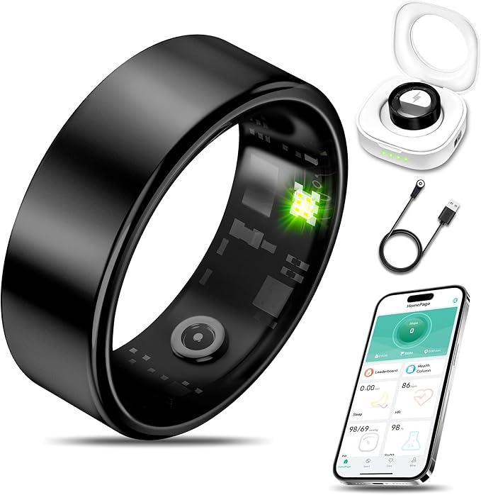 Smart Health Ring for Women Men Fitness Tracker with Heart Rate, Blood Oxygen, Blood Pressure, Sleep Monitoring, Step Counting, IP68 Waterproof for iPhone and Android, No Subscription Fee, Black 6#