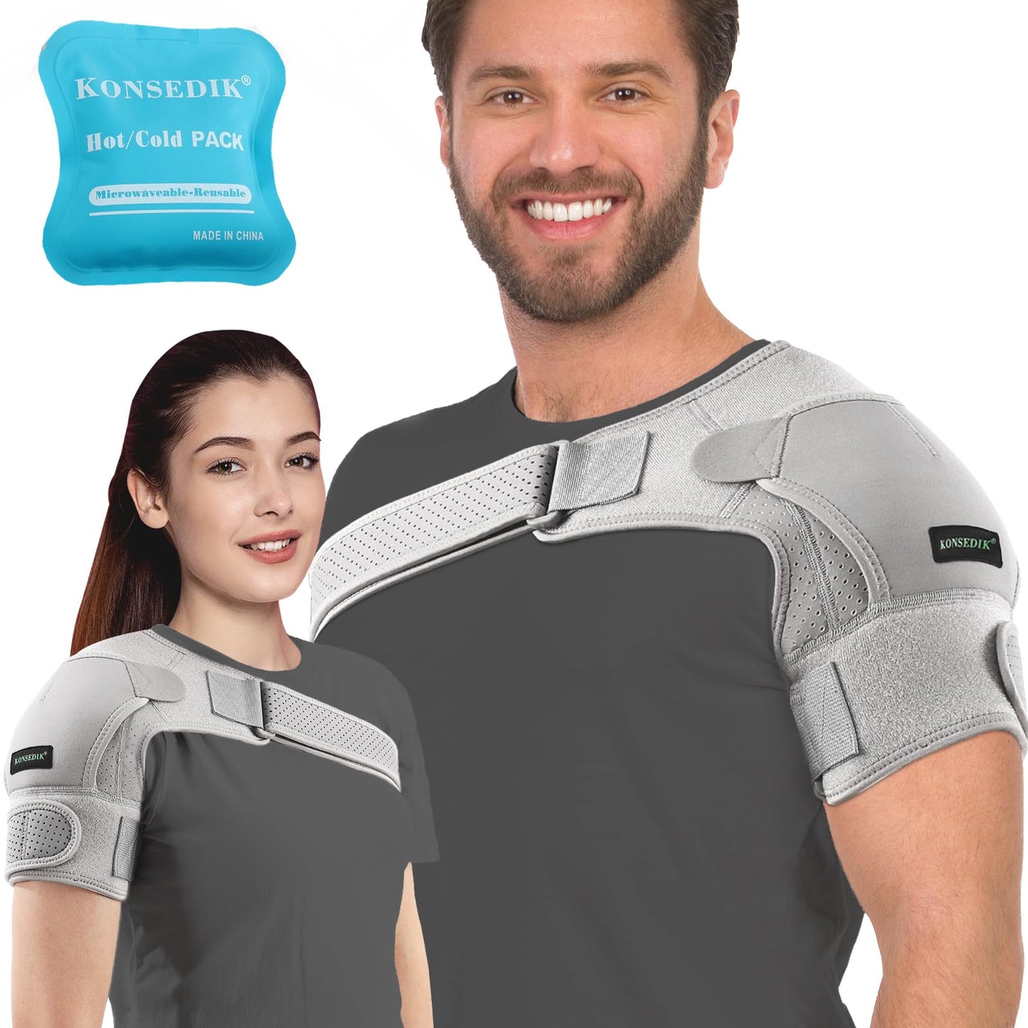 KONSEDIK Shoulder Brace Immobilizer with Ice Pack,Compression Rotator Cuff Support for AC Joint Pain Relief,Frozen Shoulder,Dislocation,Labrum Tear,Adjustable Wrap for Men&Women Left/Right(Gray,Small)