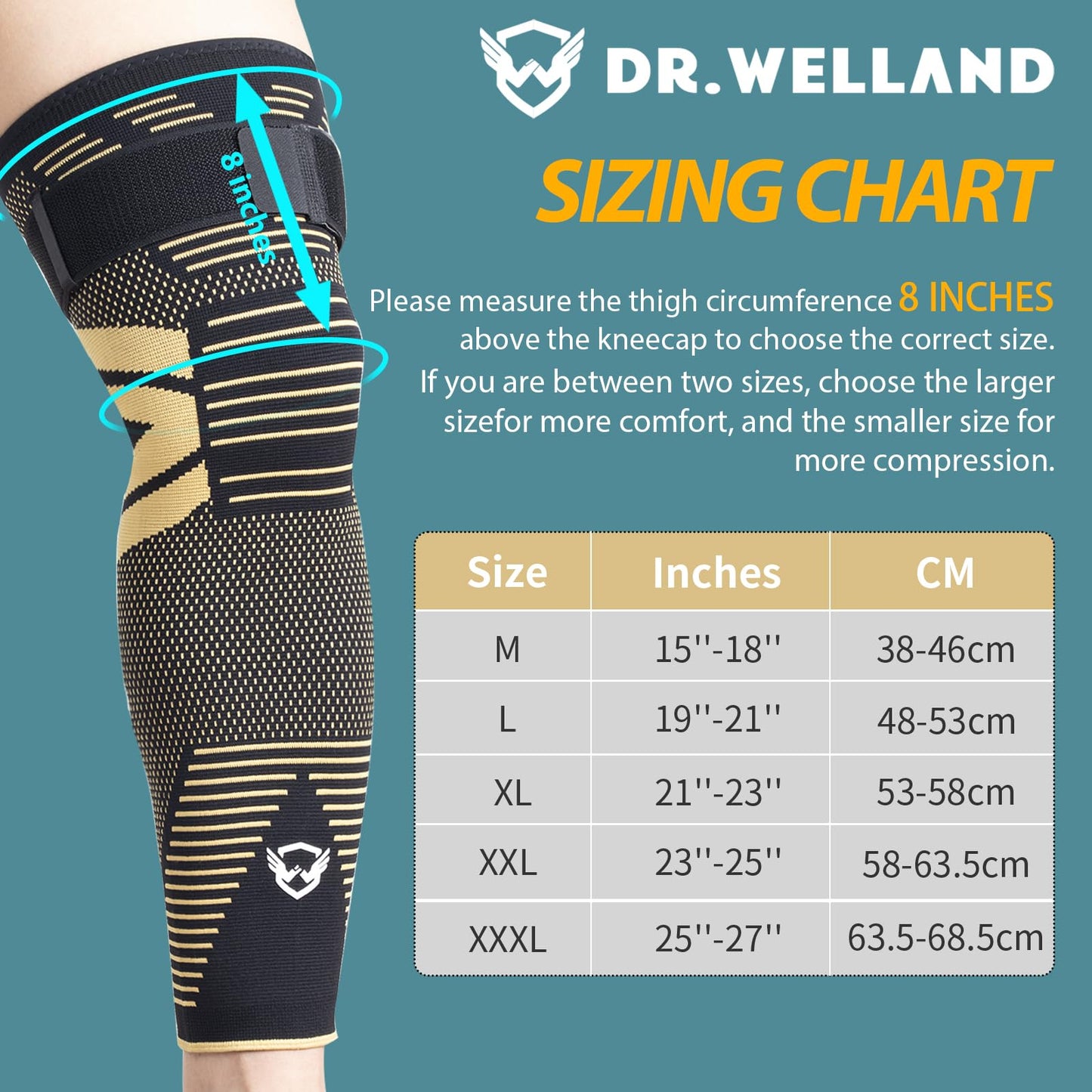 DRwelland Leg Sleeves (PAIR) Copper Infused for Arthritis,Meniscus Tear, ACL, MCL, Joint Pain Relief - Thigh & Calf Support