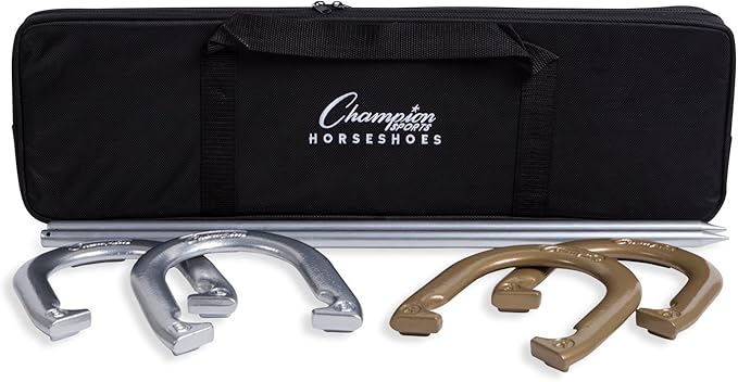Champion Sports Horseshoe Set: Traditional Outdoor Lawn Game includes Four Professional Solid Steel Horseshoes with Solid Steel Stakes & Carrying Storage Case