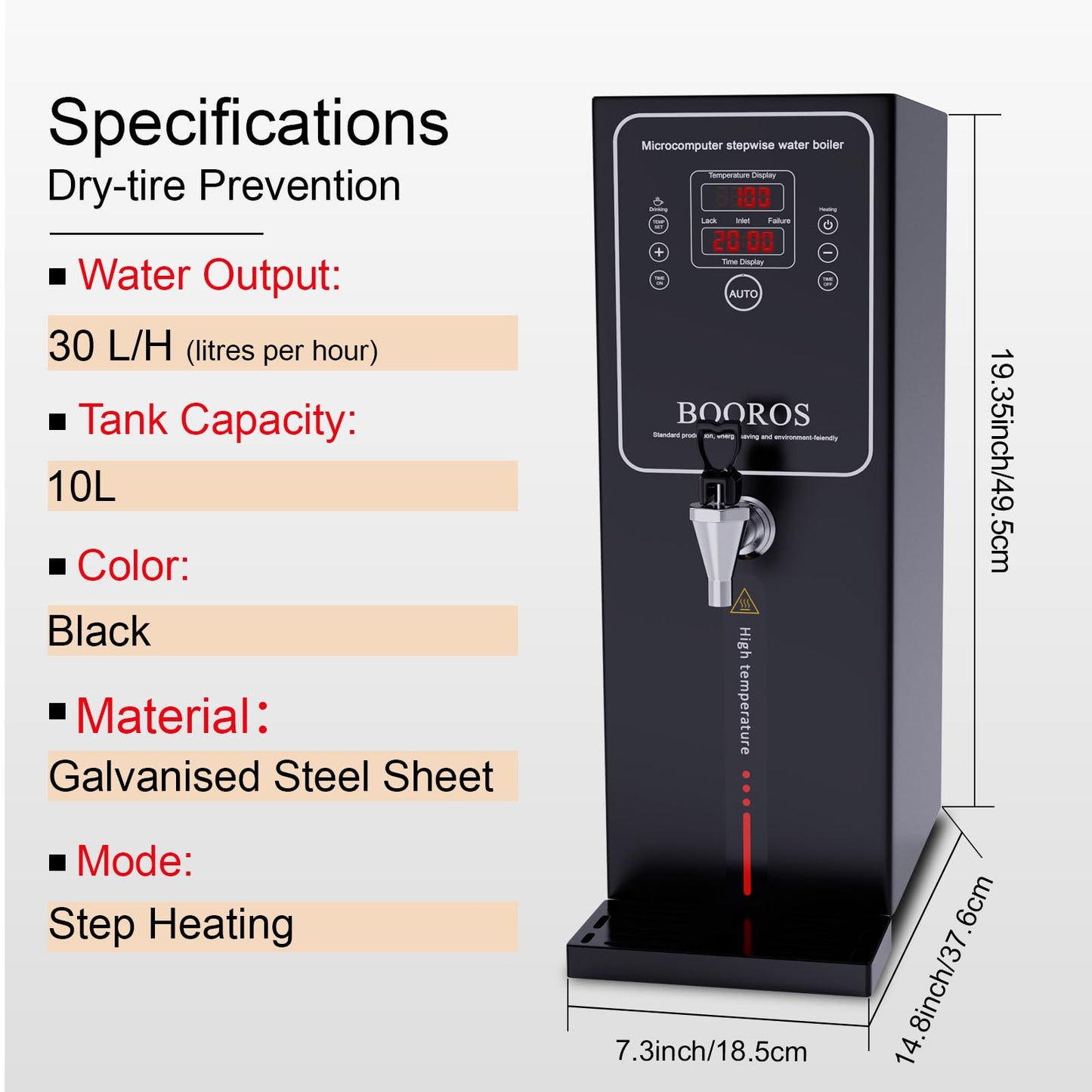 BOOROS Commercial Water Boiler 10L Hot Water Dispenser Black 1500W Commercial Hot Water Dispenser,30L(7.9GAL)/Hour Step-by-Step Heating Temp Control 104-212℉(40-100℃) for Restaurant,Hotel,Office