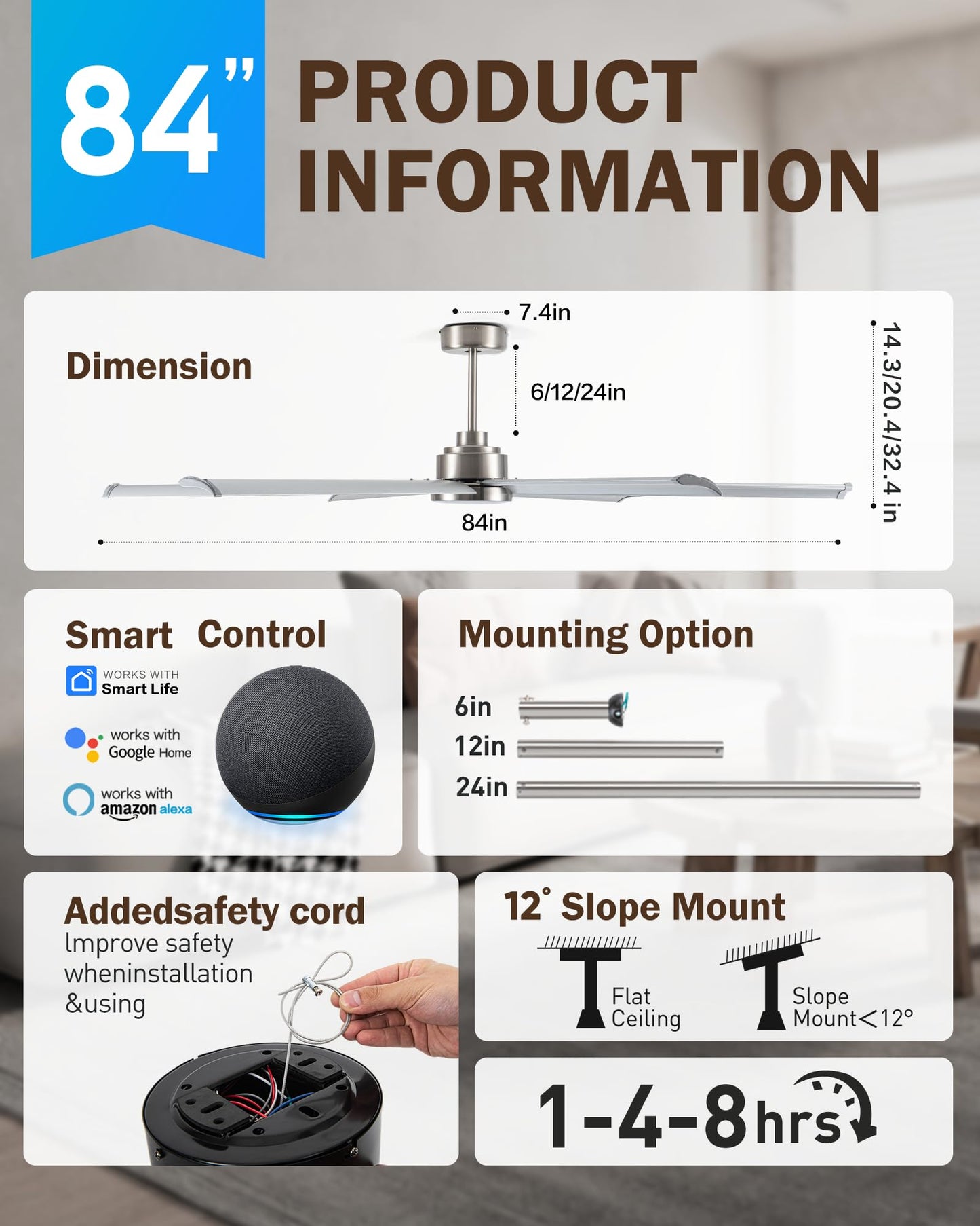 Minislak 84" Smart Industrial Ceiling Fans with Light and Remote,6 Dual-Layer Aluminum Blades,Large Brushed Nickel Ceiling Fan with 6 Speed Noiseless DC Motor,Indoor/Outdoor Ceiling Fan for patio