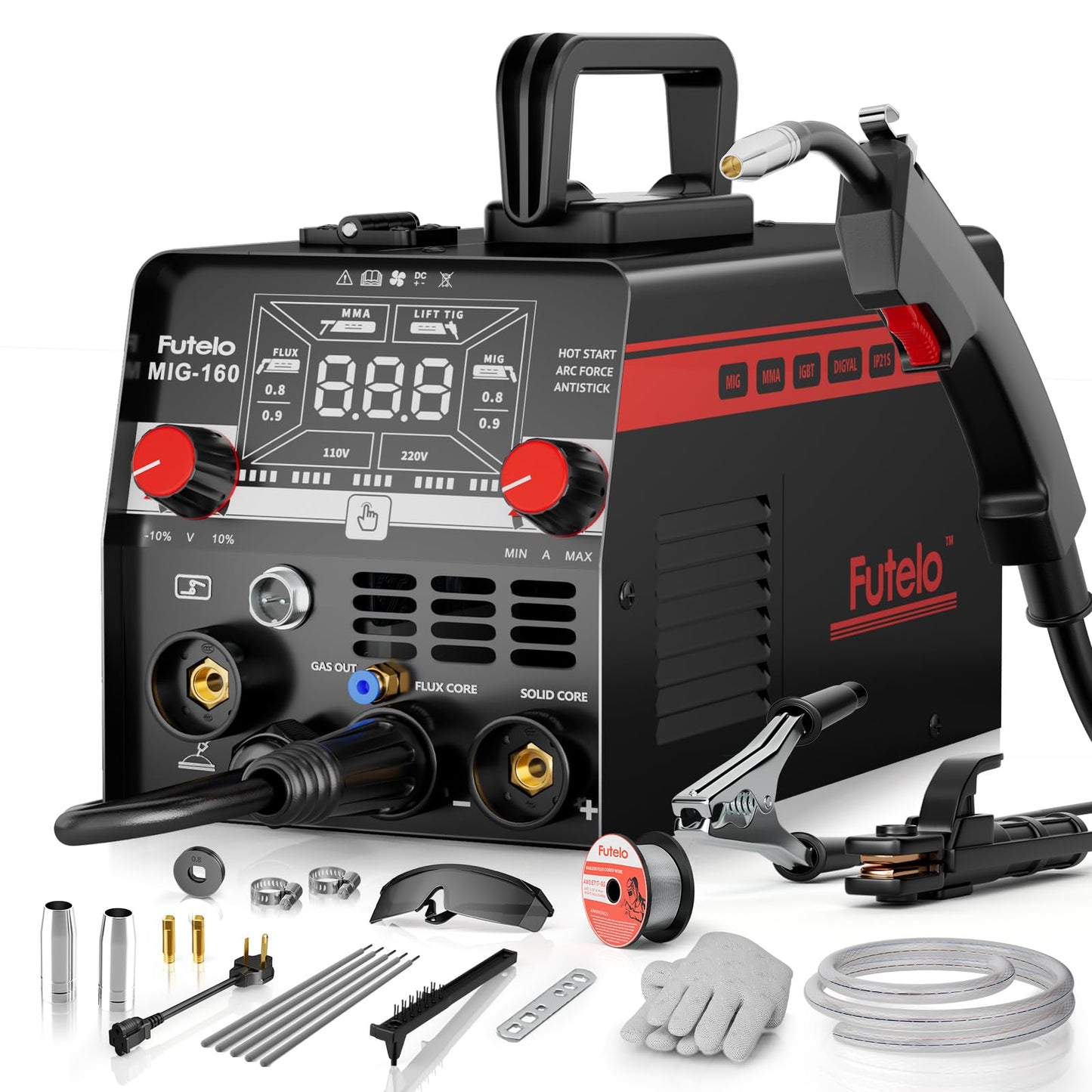Futelo 160A MIG Welder, 4 in 1 Gas/Gasless MIG Flux Core/Lift TIG/Stick Welder Machine 110V 220V with Large LED Display, Portable IGBT Inverter with Synergy for Metal Repair and Beginners