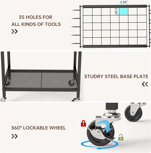 Hadulcet Garden Tool Organizer - Heavy-Duty Metal Rack with Lockable Wheels & Storage Hooks | Black